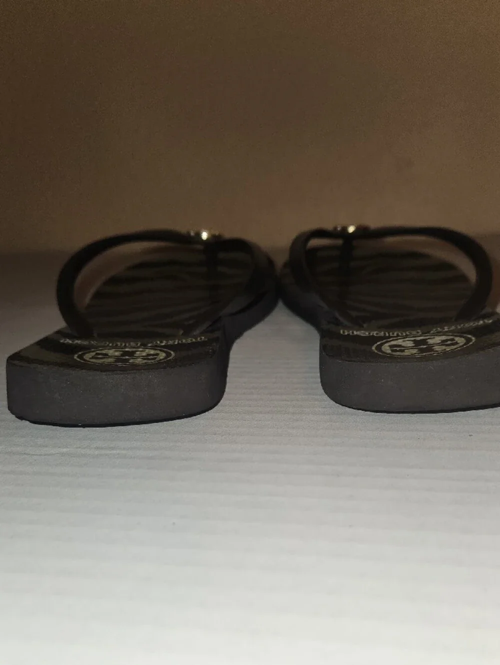 Tory Burch Olive and Black Zebra-Print Flip Flops with Gold Logo